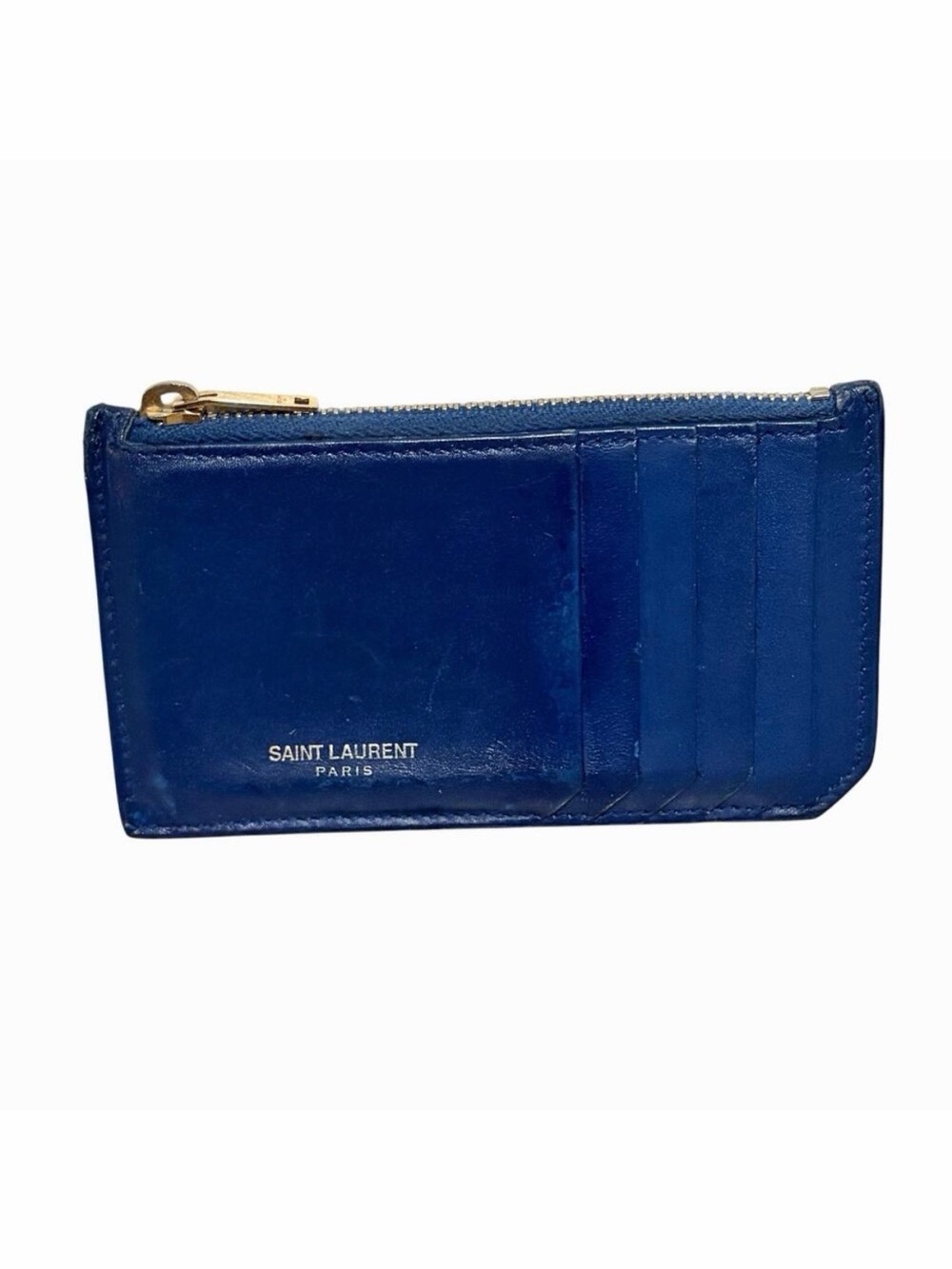 Saint Laurent Cassandre Blue Leather Zip Card Case w/ Gold Hardware, 5 Slots